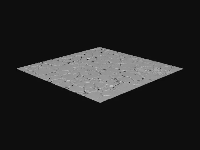 3D model for A 1×1 meter futuristic hex-pattern floor tile with broken segments, collapsed corners, subtle geometric paneling, and deep corrosion. Some hex panels are shifted or cracked. No environment, no props beyond the tile. Seamless tiling on all sides.