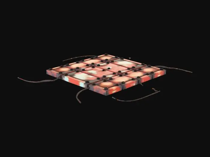 3D model for A 1×1 meter industrial sci-fi maintenance floor tile with removable metal plates exposing nested cable channels underneath. One plate is missing, revealing tangled cables and conduit tubes. Rugged, worn, lived-in look. No surrounding environment. Edges perfectly seamless for tiling.