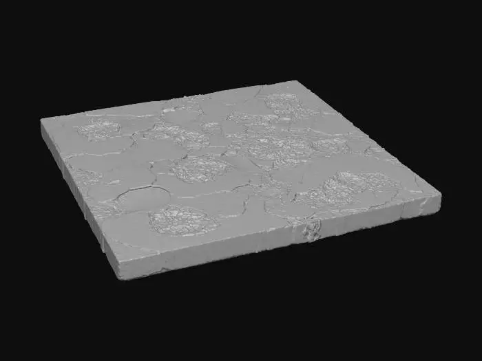 3D model for A 1×1 meter futuristic floor tile with semi-transparent hologram display plates embedded into the surface. Some plates are dead or flickering. Under the transparent sections, circuitry and micropaneling are visible. The frame is dented, aged, and slightly warped. Flat bottom, no external geometry, seamless edges.