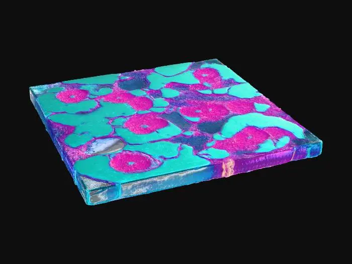 3D model for A 1×1 meter futuristic floor tile with semi-transparent hologram display plates embedded into the surface. Some plates are dead or flickering. Under the transparent sections, circuitry and micropaneling are visible. The frame is dented, aged, and slightly warped. Flat bottom, no external geometry, seamless edges.