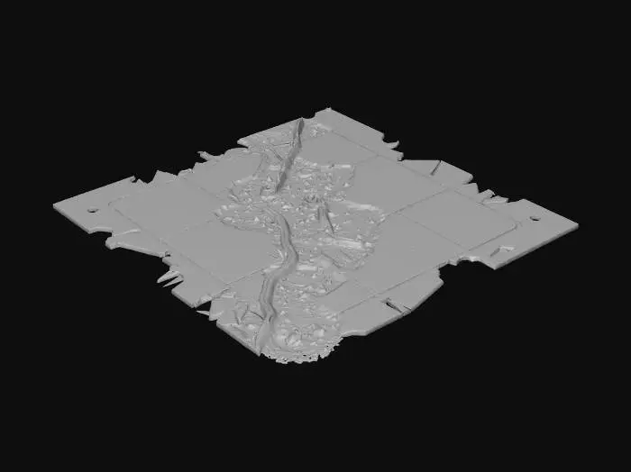 3D model for A 1×1 meter modular sci-fi floor tile featuring an exposed power conduit trench running across it. Panels around it are bent, cracked, and partly detached. Futuristic industrial style with damaged edges. No environment, no walls, no pipes outside the tile. Fully seamless on all sides.