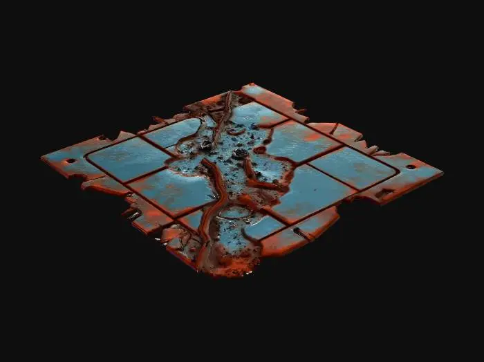 3D model for A 1×1 meter modular sci-fi floor tile featuring an exposed power conduit trench running across it. Panels around it are bent, cracked, and partly detached. Futuristic industrial style with damaged edges. No environment, no walls, no pipes outside the tile. Fully seamless on all sides.