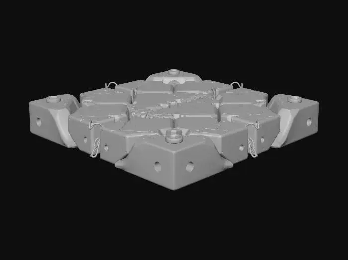 3D model for A 1×1 meter futuristic ground tile. A mix of cracked concrete and corroded sci-fi metal panels. Deep fractures, exposed wiring, subtle recessed hex metal plating, worn industrial bolts. Uneven, rugged surface but fully flat-bottomed. No walls, no backdrop, no environment. Single tile only, modular and seamless on all edges.