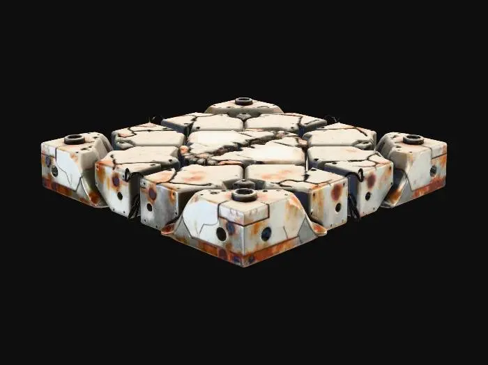 3D model for A 1×1 meter futuristic ground tile. A mix of cracked concrete and corroded sci-fi metal panels. Deep fractures, exposed wiring, subtle recessed hex metal plating, worn industrial bolts. Uneven, rugged surface but fully flat-bottomed. No walls, no backdrop, no environment. Single tile only, modular and seamless on all edges.
