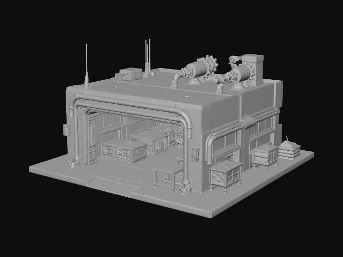 3D model for Generate a standalone 3×3 sci-fi Engineering Bay for a 2.5D roguelike city. Workshop building with visible mechanical arms, external machinery, reinforced metallic walls, rooftop pipes, workbenches, and control panels. Sharp top-down readability, modular for grid placement. Mid-poly 3k–12k tris, clean manifold geometry, pivot at bottom center. PBR materials: metal, concrete, glass, carbon panels. Subtle neon lines along machinery. GLB output, optimized meshes, no floating geometry.