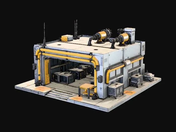 3D model for Generate a standalone 3×3 sci-fi Engineering Bay for a 2.5D roguelike city. Workshop building with visible mechanical arms, external machinery, reinforced metallic walls, rooftop pipes, workbenches, and control panels. Sharp top-down readability, modular for grid placement. Mid-poly 3k–12k tris, clean manifold geometry, pivot at bottom center. PBR materials: metal, concrete, glass, carbon panels. Subtle neon lines along machinery. GLB output, optimized meshes, no floating geometry.