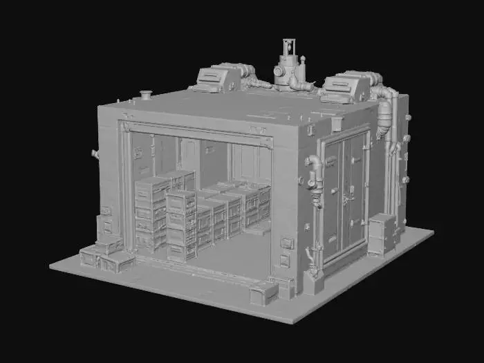 3D model for Generate a standalone 3×2 sci-fi Storage Vault for a 2.5D roguelike city. Industrial building with stacked external crates, reinforced metallic walls, visible conduits, ventilation ducts, and secure sliding doors. Include rooftop equipment, pipes, small control panels. Sharp top-down readability, modular for grid placement. Mid-poly 3k–12k tris, clean manifold geometry, pivot at bottom center. PBR materials: metal, concrete, carbon panels. Subtle neon lines along panels. GLB output, optimized meshes, no floating geometry.