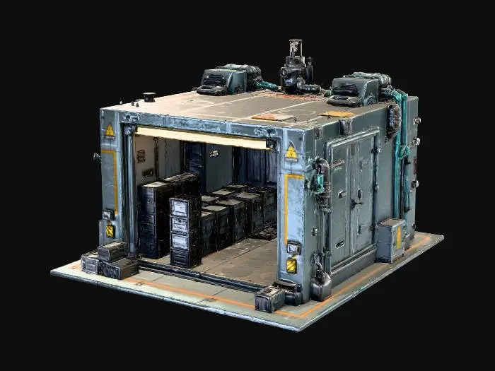 3D model for Generate a standalone 3×2 sci-fi Storage Vault for a 2.5D roguelike city. Industrial building with stacked external crates, reinforced metallic walls, visible conduits, ventilation ducts, and secure sliding doors. Include rooftop equipment, pipes, small control panels. Sharp top-down readability, modular for grid placement. Mid-poly 3k–12k tris, clean manifold geometry, pivot at bottom center. PBR materials: metal, concrete, carbon panels. Subtle neon lines along panels. GLB output, optimized meshes, no floating geometry.