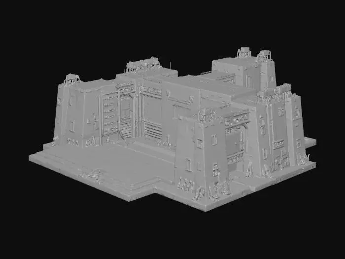 3D model for Generate a stylized sci-fi 3×3 Mainframe Hub for a 2.5D roguelike city. Central command building with massive server arrays, reinforced metallic walls, data conduits, holographic panels, and security turrets. Sharp top-down readability, modular for grid placement. Mid-poly 3k–12k tris, clean manifold geometry, pivot at bottom center. PBR materials: metal, glass, concrete, carbon panels. Subtle neon lines (blue/purple/teal) along conduits. No floating geometry, normals outward. GLB output, optimized meshes, UVs ready. Include small decals, warning signs, and data symbols.