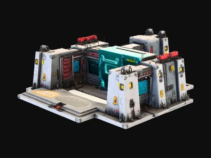 3D model for Generate a stylized sci-fi 3×3 Mainframe Hub for a 2.5D roguelike city. Central command building with massive server arrays, reinforced metallic walls, data conduits, holographic panels, and security turrets. Sharp top-down readability, modular for grid placement. Mid-poly 3k–12k tris, clean manifold geometry, pivot at bottom center. PBR materials: metal, glass, concrete, carbon panels. Subtle neon lines (blue/purple/teal) along conduits. No floating geometry, normals outward. GLB output, optimized meshes, UVs ready. Include small decals, warning signs, and data symbols.