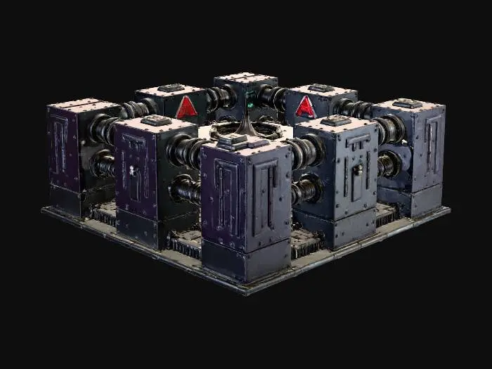 3D model for Generate a stylized sci-fi 3×3 Arcane Reactor for a 2.5D roguelike city. Central energy core with glowing conduits, reinforced metallic walls, visible reactor panels, venting systems, and control consoles. Sharp readable top-down silhouette, modular for grid placement. Mid-poly 3k–12k tris, clean manifold geometry, pivot at bottom center. PBR materials: metal, glass, concrete, carbon panels. Subtle neon lines (blue/purple/teal) along energy conduits. No floating geometry, normals outward. GLB output, optimized meshes, UVs ready. Include small decals, hazard signs, energy symbols.