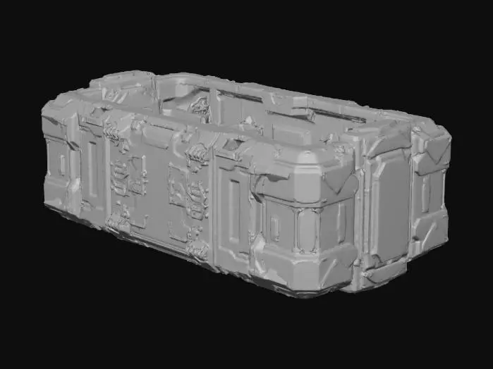 3D model for Generate a stylized sci-fi 2×2 Neural Link Station for a 2.5D roguelike city. Small high-tech lab with neural interfaces, terminal pods, reinforced metallic walls, visible conduits. Sharp readable top-down silhouette, modular for grid placement. Mid-poly 3k–12k tris, clean manifold geometry, pivot at bottom center. PBR materials: metal, glass, concrete, carbon panels. Subtle neon lines (blue/purple/teal) along interfaces. No floating geometry, normals outward. GLB output, optimized meshes, UVs ready. Include small decals, interface symbols, and wiring details.