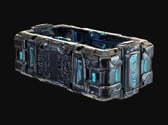 3D model for Generate a stylized sci-fi 2×2 Neural Link Station for a 2.5D roguelike city. Small high-tech lab with neural interfaces, terminal pods, reinforced metallic walls, visible conduits. Sharp readable top-down silhouette, modular for grid placement. Mid-poly 3k–12k tris, clean manifold geometry, pivot at bottom center. PBR materials: metal, glass, concrete, carbon panels. Subtle neon lines (blue/purple/teal) along interfaces. No floating geometry, normals outward. GLB output, optimized meshes, UVs ready. Include small decals, interface symbols, and wiring details.