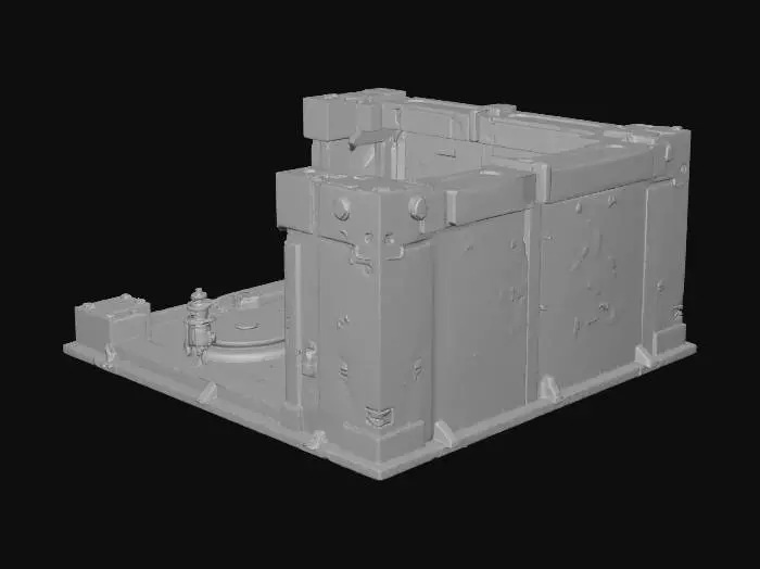 3D model for Generate a stylized sci-fi 2×2 Trap-Test Lab for a 2.5D roguelike city. Contained trap-testing area with mechanical spikes, pressure plates, retractable floors, reinforced metallic walls. Sharp readable top-down silhouette, modular for grid placement. Mid-poly 3k–12k tris, clean manifold geometry, pivot at bottom center. PBR materials: metal, concrete, carbon panels. Subtle neon lines (blue/purple/teal) for accents. No floating geometry, normals outward. GLB output, optimized meshes, UVs ready. Include decals for warning signs and hazard symbols.