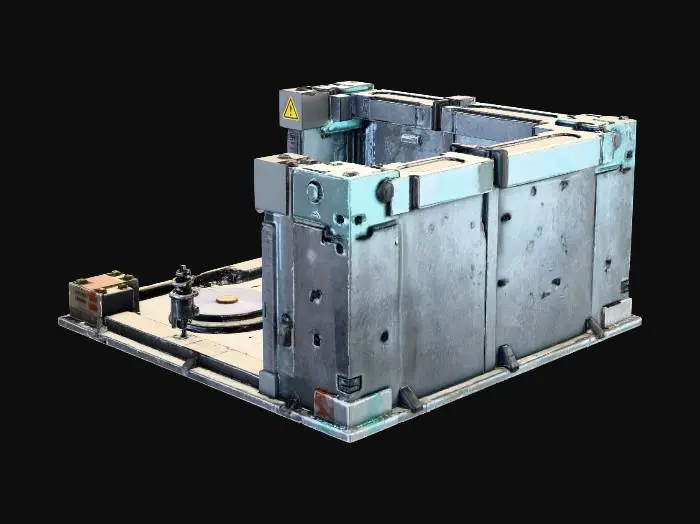 3D model for Generate a stylized sci-fi 2×2 Trap-Test Lab for a 2.5D roguelike city. Contained trap-testing area with mechanical spikes, pressure plates, retractable floors, reinforced metallic walls. Sharp readable top-down silhouette, modular for grid placement. Mid-poly 3k–12k tris, clean manifold geometry, pivot at bottom center. PBR materials: metal, concrete, carbon panels. Subtle neon lines (blue/purple/teal) for accents. No floating geometry, normals outward. GLB output, optimized meshes, UVs ready. Include decals for warning signs and hazard symbols.