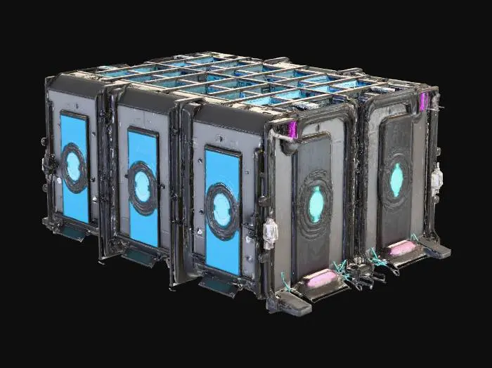 3D model for Generate a stylized sci-fi 3×2 Ranged Simulation Room for a 2.5D roguelike city. Indoor shooting lanes, holographic targets, reinforced metallic walls, observation gallery. Sharp readable top-down silhouette, modular for grid placement. Mid-poly 3k–12k tris, clean manifold geometry, pivot at bottom center. PBR materials: metal, concrete, carbon panels. Subtle neon lines (blue/purple/teal). No floating geometry, normals outward. GLB output, optimized meshes, UVs ready. Include small decals for targeting holograms and safety markings.