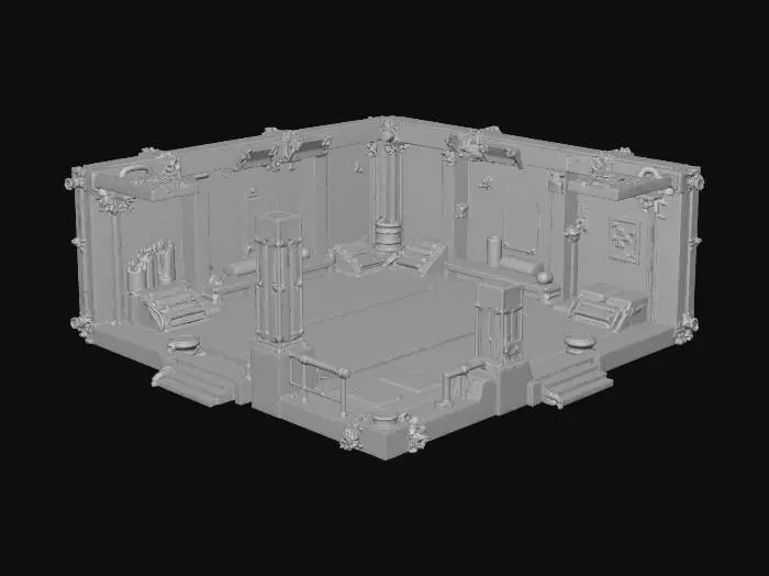 3D model for Generate a stylized sci-fi 3×3 Melee Arena for a 2.5D roguelike city. Hard-surface industrial building with open combat pit, reinforced metallic walls, observation platforms, and training dummies. Sharp readable top-down silhouette, modular for grid placement. Mid-poly 3k–12k tris, clean manifold geometry, pivot at bottom center. PBR materials: metal, concrete, carbon panels. Subtle neon lines (blue/purple/teal) for accents. No floating geometry, normals outward. GLB output, optimized meshes, UVs ready. Include small decals, hazard signs, and combat glyphs.