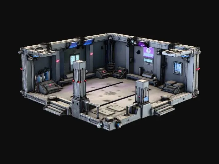 3D model for Generate a stylized sci-fi 3×3 Melee Arena for a 2.5D roguelike city. Hard-surface industrial building with open combat pit, reinforced metallic walls, observation platforms, and training dummies. Sharp readable top-down silhouette, modular for grid placement. Mid-poly 3k–12k tris, clean manifold geometry, pivot at bottom center. PBR materials: metal, concrete, carbon panels. Subtle neon lines (blue/purple/teal) for accents. No floating geometry, normals outward. GLB output, optimized meshes, UVs ready. Include small decals, hazard signs, and combat glyphs.