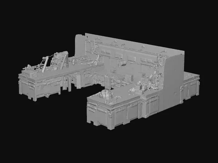 3D model for Generate a 2×2 or 3×2 tile tool workshop for a stylized sci-fi roguelike city. Industrial cyber-dungeon aesthetic with hard-surface mechanical elements, exposed pipes, gear-driven machinery, and storage racks. Include glowing panels, conveyor belts carrying parts, small robotic arms, and crates of tools. Sharp silhouettes, readable from top-down. Modular design for grid placement. Textures: metal, worn concrete, carbon panels, subtle dirt, and scratches. Optional small neon decals for labeling. Pivot at bottom center, mid-poly (3k–12k tris), optimized geometry, clean normals, no floating parts.