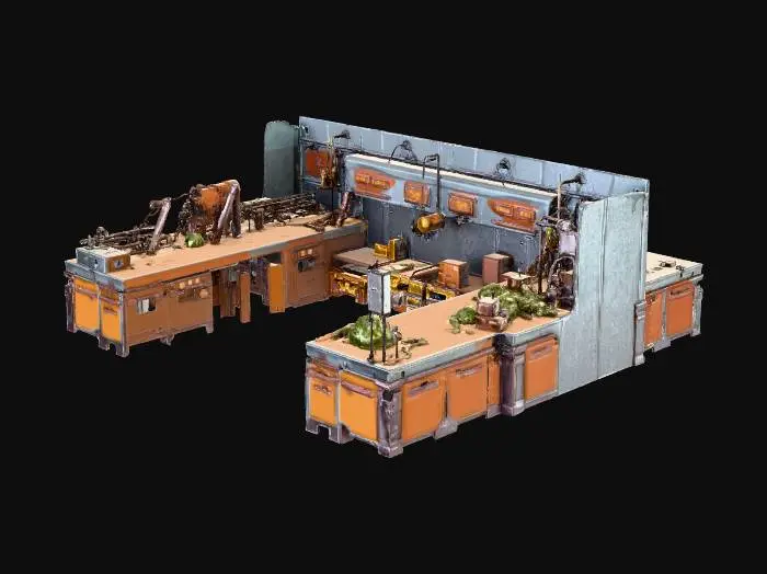 3D model for Generate a 2×2 or 3×2 tile tool workshop for a stylized sci-fi roguelike city. Industrial cyber-dungeon aesthetic with hard-surface mechanical elements, exposed pipes, gear-driven machinery, and storage racks. Include glowing panels, conveyor belts carrying parts, small robotic arms, and crates of tools. Sharp silhouettes, readable from top-down. Modular design for grid placement. Textures: metal, worn concrete, carbon panels, subtle dirt, and scratches. Optional small neon decals for labeling. Pivot at bottom center, mid-poly (3k–12k tris), optimized geometry, clean normals, no floating parts.