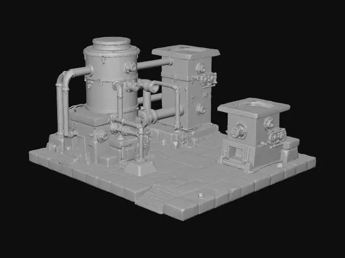 3D model for ### BUILDING TO GENERATE
Name: Ore Refinery
Size: 3×2 tiles
Theme: cyber-dungeon industrial facility, hard-surface sci-fi
Function: refines raw ores into metal ingots
Visual cues: smelting furnaces, glowing molten metal flows, pipes and vents, conveyor belts carrying ore, subtle sparks, neon blue/purple/teal accents
Style: stylized sci-fi, sharp silhouette, 2.5D-friendly (top-view readability), clean geometry
Poly target: mid-poly 3k–12k triangles
Pivot: bottom-center
### MATERIALS & TEXTURES
- Full PBR texture pack: Base Color, Metallic, Roughness, Normal Map (OpenGL), Ambient Occlusion, Emissive Map
- Subtle emissive neon lines
- Metal, concrete, carbon panels
- Small decals: glowing codes, refinery symbols, hazard signs
### Size:
Small size