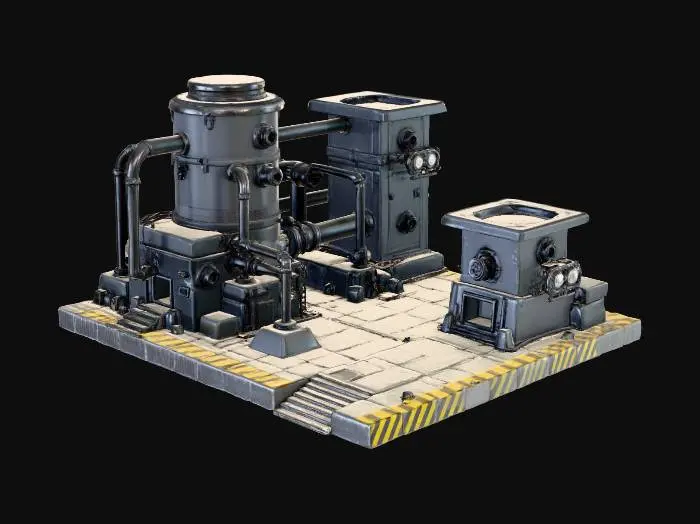 3D model for ### BUILDING TO GENERATE
Name: Ore Refinery
Size: 3×2 tiles
Theme: cyber-dungeon industrial facility, hard-surface sci-fi
Function: refines raw ores into metal ingots
Visual cues: smelting furnaces, glowing molten metal flows, pipes and vents, conveyor belts carrying ore, subtle sparks, neon blue/purple/teal accents
Style: stylized sci-fi, sharp silhouette, 2.5D-friendly (top-view readability), clean geometry
Poly target: mid-poly 3k–12k triangles
Pivot: bottom-center
### MATERIALS & TEXTURES
- Full PBR texture pack: Base Color, Metallic, Roughness, Normal Map (OpenGL), Ambient Occlusion, Emissive Map
- Subtle emissive neon lines
- Metal, concrete, carbon panels
- Small decals: glowing codes, refinery symbols, hazard signs
### Size:
Small size