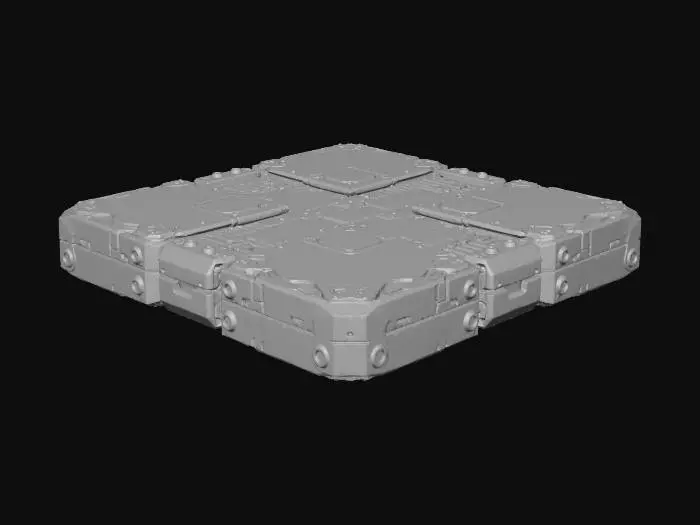 3D model for Create a standalone sci-fi road/walkway tile matching the style of the previously generated industrial buildings (Scrap Processor, Ore Refinery, Data Farm, Tool Workshop). The panel is a hard-surface modular piece with clean shapes, recessed seams, metal plates, cable grooves, and small tech hatches. No walls or environment—only the floating tile. Slightly decayed futuristic look: worn edges, damaged plates, subtle cracks, exposed conduits. Sharp top-down readability. Fits grid-based layout (choose 1×3 or 2×2). Industrial sci-fi with light structure ribs, small vents, and areas reserved for neon markings.