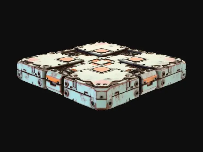3D model for Create a standalone sci-fi road/walkway tile matching the style of the previously generated industrial buildings (Scrap Processor, Ore Refinery, Data Farm, Tool Workshop). The panel is a hard-surface modular piece with clean shapes, recessed seams, metal plates, cable grooves, and small tech hatches. No walls or environment—only the floating tile. Slightly decayed futuristic look: worn edges, damaged plates, subtle cracks, exposed conduits. Sharp top-down readability. Fits grid-based layout (choose 1×3 or 2×2). Industrial sci-fi with light structure ribs, small vents, and areas reserved for neon markings.