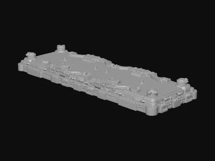 3D model for Create a standalone 1×3 sci-fi road panel matching the industrial style of previously generated buildings (Scrap Processor, Refinery, Data Farm). Long linear hard-surface tile with recessed seam lines, cable channels running along the length, small vent plates, and maintenance hatches. Sharp, clean silhouette, slightly decayed edges, no walls or background. Designed for top-down readability and modular road assembly.