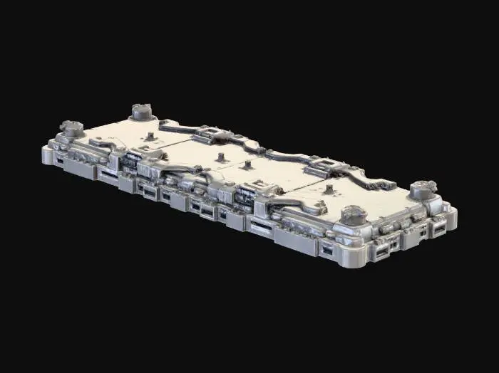 3D model for Create a standalone 1×3 sci-fi road panel matching the industrial style of previously generated buildings (Scrap Processor, Refinery, Data Farm). Long linear hard-surface tile with recessed seam lines, cable channels running along the length, small vent plates, and maintenance hatches. Sharp, clean silhouette, slightly decayed edges, no walls or background. Designed for top-down readability and modular road assembly.
