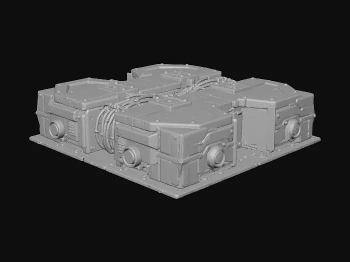 3D model for Create a standalone 1×3 sci-fi infrastructure panel with a visible central cable spine. Hard-surface industrial design with a prominent recessed trench containing thick bundled conduits, armored supports, vents, and side access ports. No environment or ground. Slightly worn but functional, matching previous building styles. Clear top-down readability for grid-based layouts.