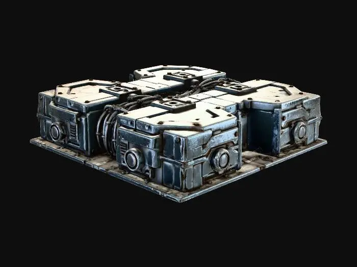 3D model for Create a standalone 1×3 sci-fi infrastructure panel with a visible central cable spine. Hard-surface industrial design with a prominent recessed trench containing thick bundled conduits, armored supports, vents, and side access ports. No environment or ground. Slightly worn but functional, matching previous building styles. Clear top-down readability for grid-based layouts.