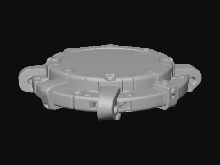 3D model for Worn alloy plates with faded markings, light grime in channels, scratched edges, dust on flat surfaces, subtle oil streaks around vents. Cold industrial palette with minimal discoloration.