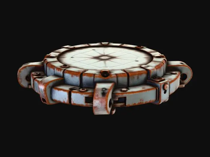 3D model for Worn alloy plates with faded markings, light grime in channels, scratched edges, dust on flat surfaces, subtle oil streaks around vents. Cold industrial palette with minimal discoloration.