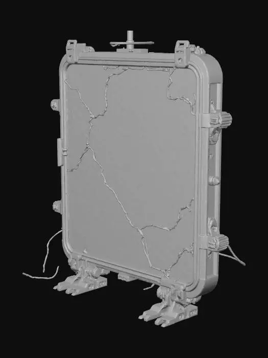 3D model for Standalone collapsed futuristic holo-advertising sign. Bent frame, cracked display panel, missing sections, structural ribs exposed. Cables hanging, broken mounting clamps. Slight asymmetry from impact. No environment. Only the object. Shape should clearly read as a sign that once stood upright.
