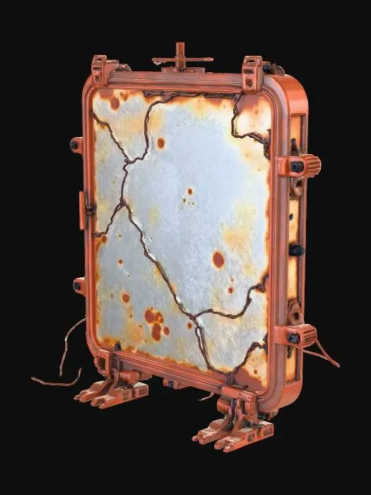 3D model for Standalone collapsed futuristic holo-advertising sign. Bent frame, cracked display panel, missing sections, structural ribs exposed. Cables hanging, broken mounting clamps. Slight asymmetry from impact. No environment. Only the object. Shape should clearly read as a sign that once stood upright.