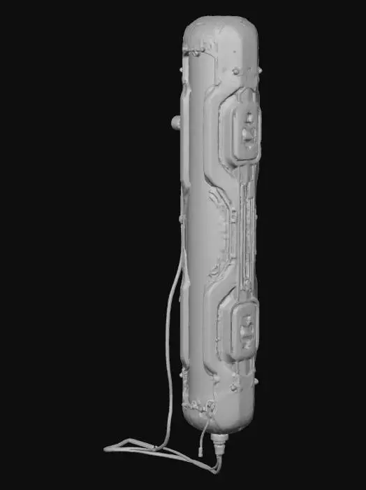 3D model for Standalone broken futuristic neon-light module. Long, thin casing with cracked translucent panels, exposed internal tubing, and snapped brackets. Asymmetrical damage, missing fragments, dangling small cables. Design feels cyberpunk and abandoned. No backdrop, no walls, no environment. Only the single separated prop. Slight curve or bend from damage. Clearly meant as a street fixture that has fallen off.