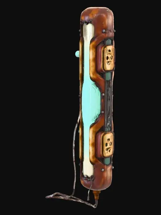 3D model for Standalone broken futuristic neon-light module. Long, thin casing with cracked translucent panels, exposed internal tubing, and snapped brackets. Asymmetrical damage, missing fragments, dangling small cables. Design feels cyberpunk and abandoned. No backdrop, no walls, no environment. Only the single separated prop. Slight curve or bend from damage. Clearly meant as a street fixture that has fallen off.