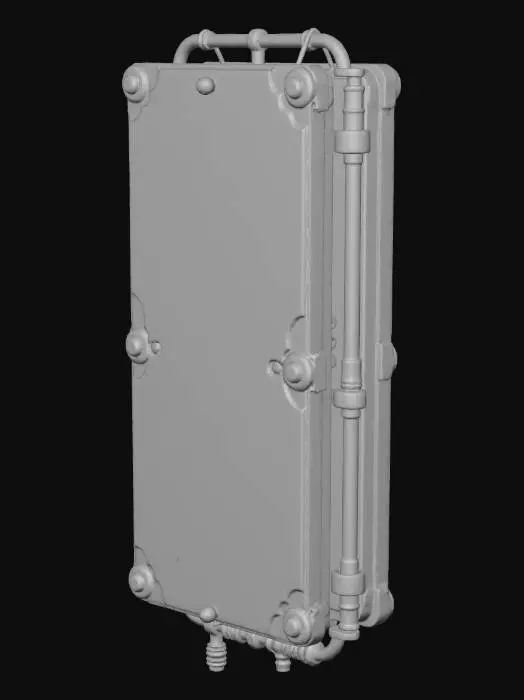 3D model for Standalone small sci-fi energy cell prop, rectangular and compact. Futuristic but heavily decayed. Dented metal plates, exposed wiring, corroded connectors, faint panel seams. Several missing screws, chipped edges, and small surface fractures. No environment. No floor. Floating single object only. Design suggests it once stored power but is now nonfunctional. Subtle asymmetry, believable wear, layered mechanical detailing.
