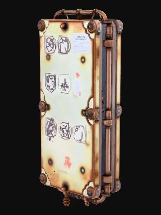 3D model for Standalone small sci-fi energy cell prop, rectangular and compact. Futuristic but heavily decayed. Dented metal plates, exposed wiring, corroded connectors, faint panel seams. Several missing screws, chipped edges, and small surface fractures. No environment. No floor. Floating single object only. Design suggests it once stored power but is now nonfunctional. Subtle asymmetry, believable wear, layered mechanical detailing.