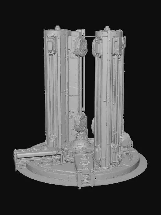3D model for Generate a stylized sci-fi 2×2 Teleport Gate for a 2.5D roguelike city. Portal structure with glowing rings, reinforced metallic frames, energy conduits, and control consoles. Sharp top-down readability, modular for grid placement. Mid-poly 3k–12k tris, clean manifold geometry, pivot at bottom center. PBR materials: metal, glass, concrete, carbon panels. Subtle neon lines (blue/purple/teal) along portal edges. No floating geometry, normals outward. GLB output, optimized meshes, UVs ready. Include small decals, energy symbols, and activation panels.