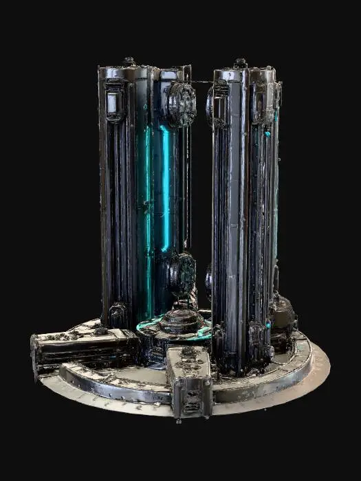 3D model for Generate a stylized sci-fi 2×2 Teleport Gate for a 2.5D roguelike city. Portal structure with glowing rings, reinforced metallic frames, energy conduits, and control consoles. Sharp top-down readability, modular for grid placement. Mid-poly 3k–12k tris, clean manifold geometry, pivot at bottom center. PBR materials: metal, glass, concrete, carbon panels. Subtle neon lines (blue/purple/teal) along portal edges. No floating geometry, normals outward. GLB output, optimized meshes, UVs ready. Include small decals, energy symbols, and activation panels.