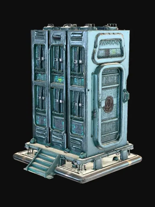 3D model for Generate a stylized sci-fi 3×2 Memory Archive for a 2.5D roguelike city. Data storage facility with stacked server cores, reinforced metallic walls, conduits, terminals, and holographic data displays. Sharp readable top-down silhouette, modular for grid placement. Mid-poly 3k–12k tris, clean manifold geometry, pivot at bottom center. PBR materials: metal, glass, concrete, carbon panels. Subtle neon lines (blue/purple/teal) along conduits. No floating geometry, normals outward. GLB output, optimized meshes, UVs ready. Include small decals, data symbols, and warning icons.