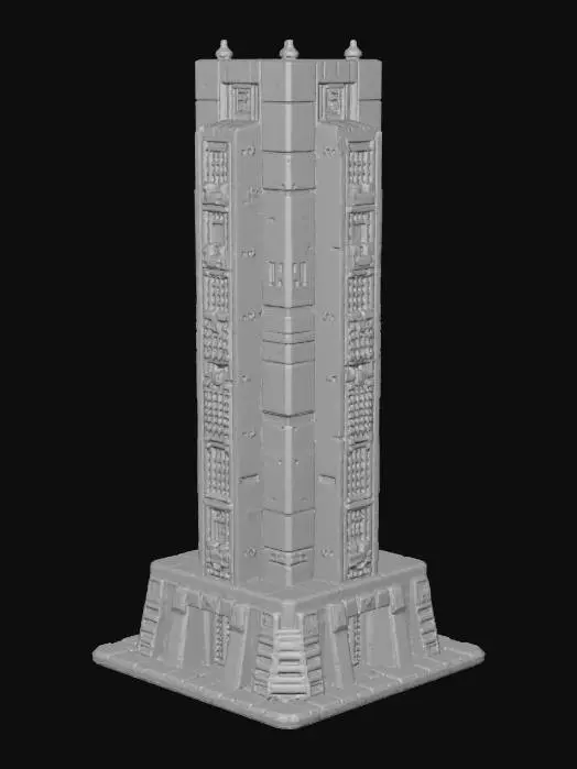 3D model for Create a game-ready 3D “Data Farm” building for a 2.5D sci-fi roguelike base-city. Size: 3×2 tiles. Stylized cyber-dungeon tech aesthetic with clean hard-surface forms. Use server columns, data cores, cooling vents, cable clusters, and a central processing tower. Add subtle neon accents (blue, purple, teal). Strong top-down readability with modular geometry. Mid-poly (3k–12k tris), clean UVs, no holes, no floating parts. Pivot at bottom center. Output GLB with sharp silhouette and simple, readable shapes.