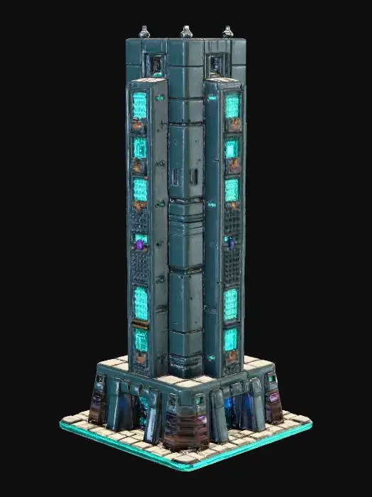 3D model for Create a game-ready 3D “Data Farm” building for a 2.5D sci-fi roguelike base-city. Size: 3×2 tiles. Stylized cyber-dungeon tech aesthetic with clean hard-surface forms. Use server columns, data cores, cooling vents, cable clusters, and a central processing tower. Add subtle neon accents (blue, purple, teal). Strong top-down readability with modular geometry. Mid-poly (3k–12k tris), clean UVs, no holes, no floating parts. Pivot at bottom center. Output GLB with sharp silhouette and simple, readable shapes.