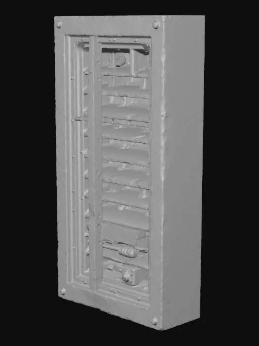 3D model for Create a standalone 2×2 sci-fi vent panel with damaged sections. Hard-surface frame with large grated ventilation openings, some bent or missing slats, exposed inner ducts, and small maintenance hatches. No walls, ground, or background. Slight decay matching industrial buildings, sharp silhouette and readable from top-down.