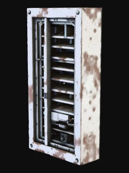 3D model for Create a standalone 2×2 sci-fi vent panel with damaged sections. Hard-surface frame with large grated ventilation openings, some bent or missing slats, exposed inner ducts, and small maintenance hatches. No walls, ground, or background. Slight decay matching industrial buildings, sharp silhouette and readable from top-down.