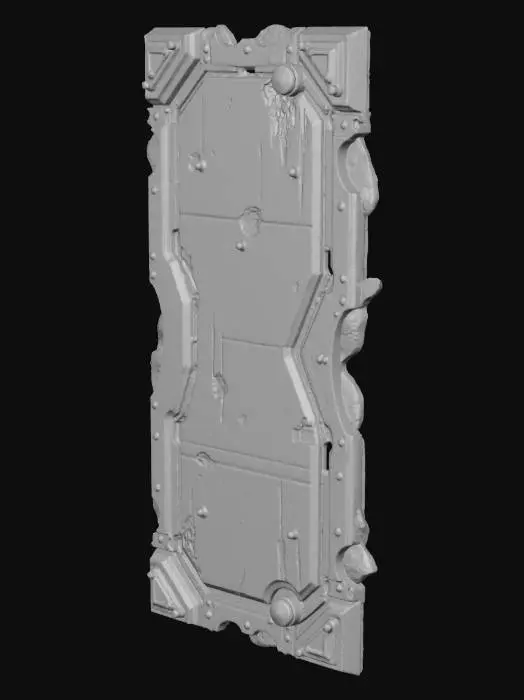 3D model for Create a standalone 1×2 sci-fi walkway edge tile with damaged sections. Hard-surface panel with a beveled drop-off edge, cracked metal plates, bent corner pieces, exposed substructure ribs, and fragmented detailing. No walls or terrain. Slightly decayed futurism consistent with existing buildings. Clean, readable shape in top-down view.