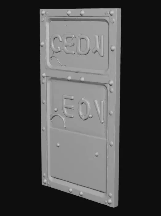 3D model for Create a standalone sci-fi tile prepared for neon signage. Clean hard-surface geometry with recessed rectangular or circular insets reserved for emissive strips. Industrial panel divisions, thin surface ribs, and cable channels. No background or walls. Matches the style of previous buildings, slightly worn and top-down readable. Suitable for signage, arrows, or runic glyphs.