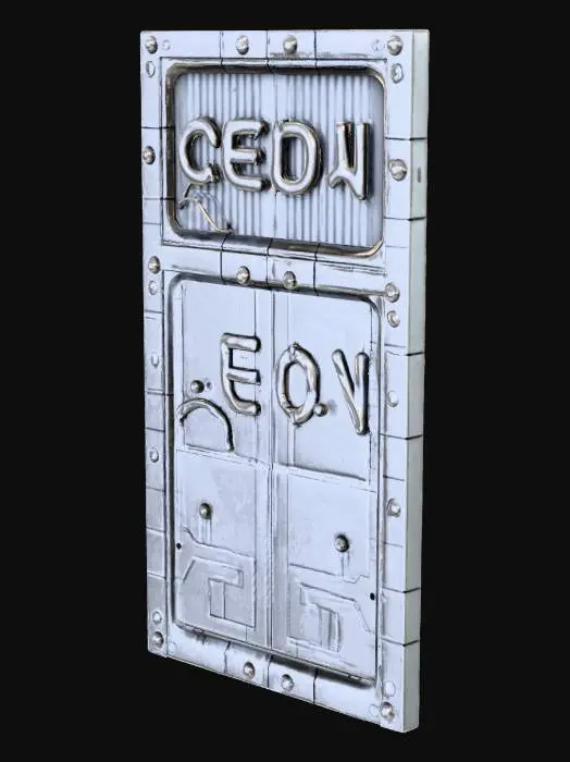 3D model for Create a standalone sci-fi tile prepared for neon signage. Clean hard-surface geometry with recessed rectangular or circular insets reserved for emissive strips. Industrial panel divisions, thin surface ribs, and cable channels. No background or walls. Matches the style of previous buildings, slightly worn and top-down readable. Suitable for signage, arrows, or runic glyphs.